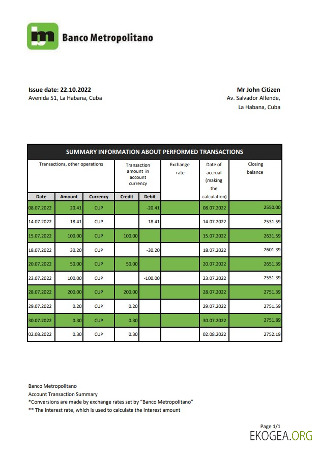 Relevé bancaire Cuba Banco Metropolitano xls